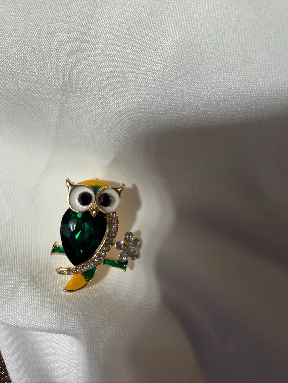 Gold-Tone Green Crystal Owl Brooch - NEW